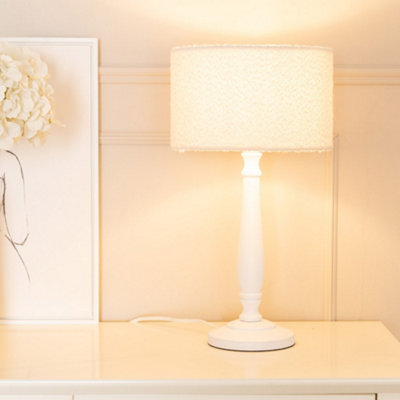 Valuelights White/Cream Victoria Candlestick Wood Table Lamp With Boucle Drum Lamp Shade 1.5M