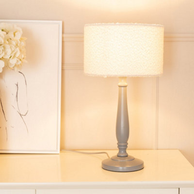 Valuelights Grey/Cream Victoria Candlestick Wood Table Lamp With Boucle Drum Lamp Shade 1.5M