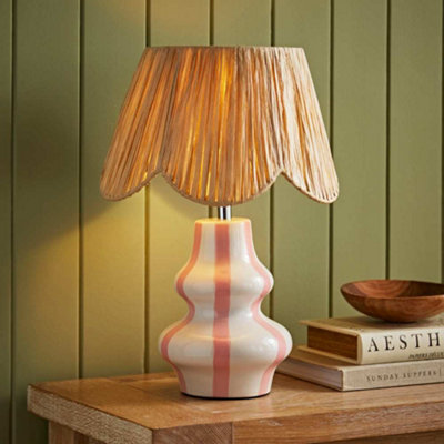 Valuelights Perrie Blush Pink Ceramic Pin Stripe Bedside Table Lamp With Raffia ShadeLed Bulb Included from B&Q