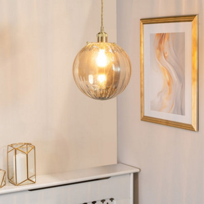 Valuelights Amber/Light Chessy Tinted Ribbed Glass Globe Easy Fit Ceiling Shade - Led Bulb Included