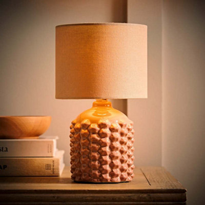 B&Q -  Asha Pink Ceramic Textured Base Table Lamp With Drum Shade And Bulb