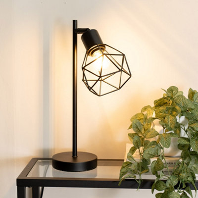 B&Q -  Angus Matt Black Metal Geometric Basket Shade Table Lamp With Led Bulb