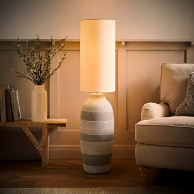B&Q -  Deegan Grey Cement Effect Ceramic Midi Floor Lamp With Natural Cream Cylinder ShadeLed Bulb Included