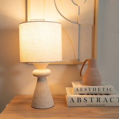 B&Q -  Cady Pair OfNatural Cement Effect Bedside Table Lamp With Drum ShadeLed Bulbs Included