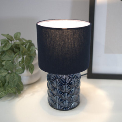 B&Q -  Priyah Set Of 2Navy Blue Textured Scallop Effect Ceramic Table Lamp With Drum ShadeLed Bulbs Included