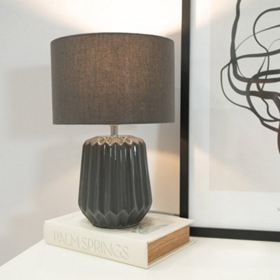 Valuelights Grey Zak Pair Of - Charcoal Textured Ceramic Bedside Table Lamp With Drum Shade - Led Bulbs Included