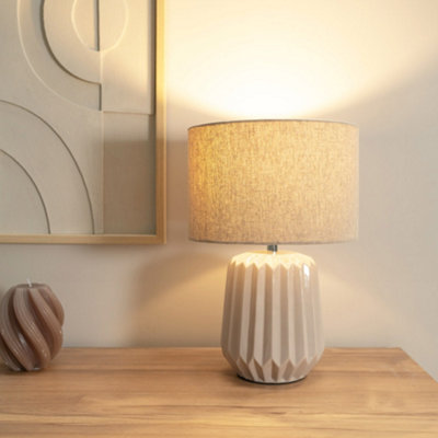Valuelights Zak Pair Of - Stone Natural Textured Ceramic Bedside Table Lamp With Drum Shade - Led Bulbs Included