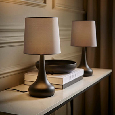 Valuelights Teardrop Pair Of Touch Table Lamps With Shade And Bulbs Black/Grey