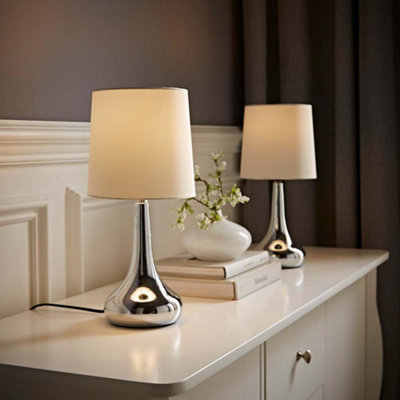 Valuelights Teardrop Pair Of Chrome Touch Table Lamps With Shade And Bulbs Cream