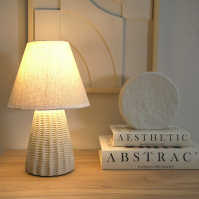 Valuelights Saskia Natural Ceramic Textured Base Bedside Table Lamp With Linen Tapered ShadeLed Bulb Included from B&Q