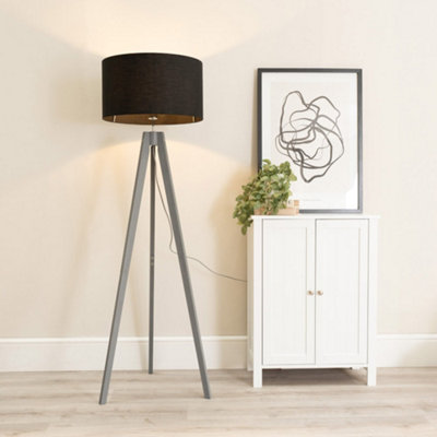 Valuelights Jackson Grey Wood Tripod Floor Lamp With Black Fabric Lamp Shade And Led Bulb