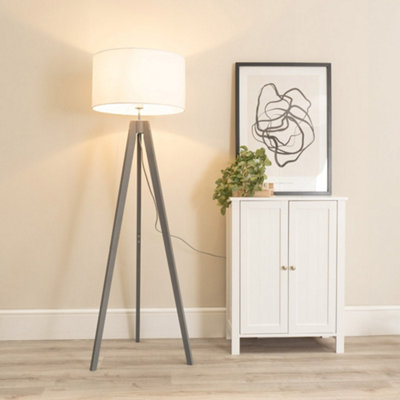 B&Q -  Jackson Grey Wood Tripod Floor Lamp With White Fabric Lamp Shade And Led Bulb