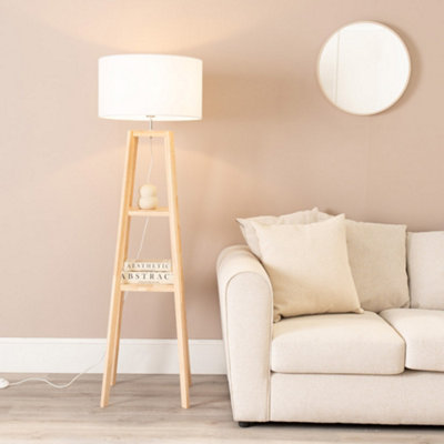 Valuelights Wakefield Two Storage Shelf Wooden Floor Lamp With Fabric Shade And Led Bulb White