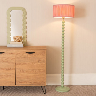 B&Q -  Bobbins Sage Green Floor Lamp With Ruched Pleated Blush Pink Drum Shade