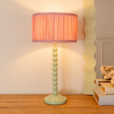 Valuelights Bobbins Sage Green Table Lamp With Ruched Pleated Blush Pink Drum Lamp Shade