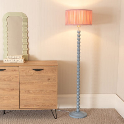 B&Q -  Bobbins Powder Blue Floor Lamp With Ruched Pleated Blush Pink Drum Shade