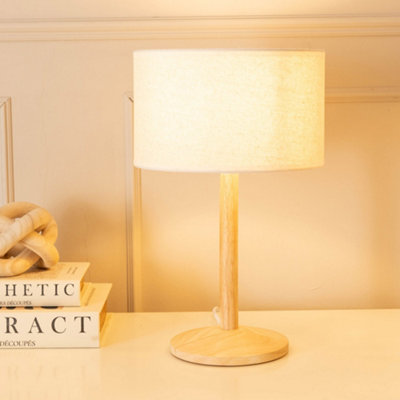 B&Q -  Triston Natural Light Wood Stem Table Lamp With Linen White Trim Drum Lamp Shade