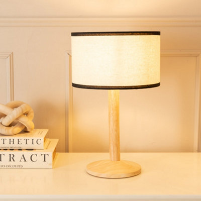 Values Triston Natural Wood Stem Table Lamp With Linen Trim Drum Lamp Shade Light/Black