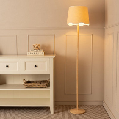 B&Q -  Triston Natural Light Wood Stem Floor Lamp With Scallop White Trim Tapered Shade