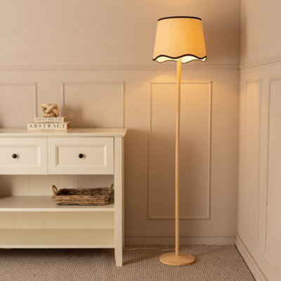 B&Q -  Triston Natural Light Wood Stem Floor Lamp With Scallop Black Trim Tapered Shade