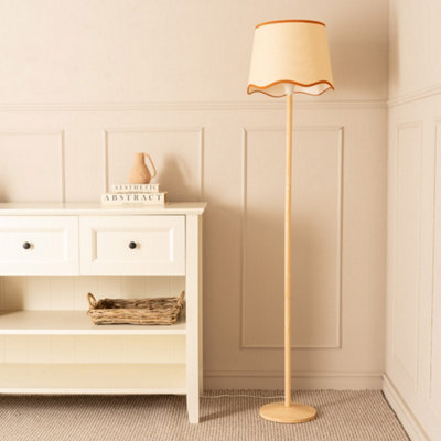 B&Q -  Triston Natural Light Wood Stem Floor Lamp With Scallop Rust Trim Tapered Shade