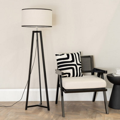 B&Q -  Lottie Black Wood Tripod Floor Lamp With Linen Black Trim Drum Shade