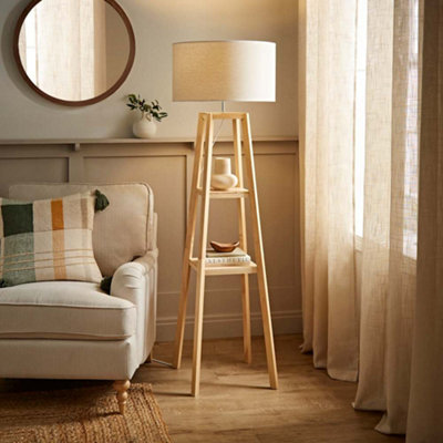 Valuelights Wakefield Two Shelf Wooden Floor Lamp With Linen Trim Drum Shade White