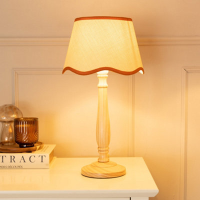 Valuelights Victoria Light Wood Candlestick Table Lamp With Linen Scallop Rust Trim Tapered Shade from B&Q