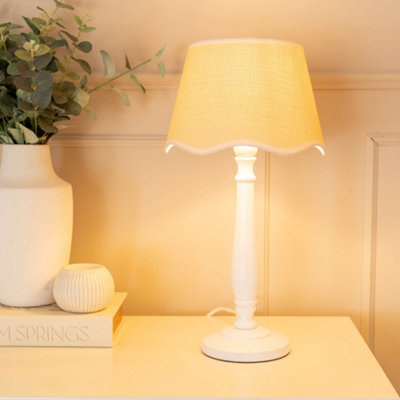 Valuelights Victoria Wood Candlestick Table Lamp With Linen Scallop Trim Tapered Shade White