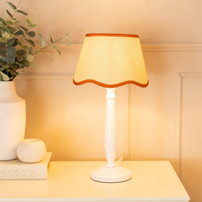 Valuelights Victoria White Wood Candlestick Table Lamp With Linen Scallop Rust Trim Tapered Shade from B&Q
