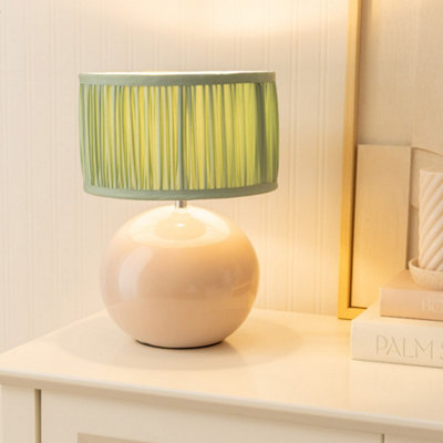 B&Q -  Bosco Stone Ceramic Table Lamp With Ruched Pleated Green Fabric Drum Lamp Shade