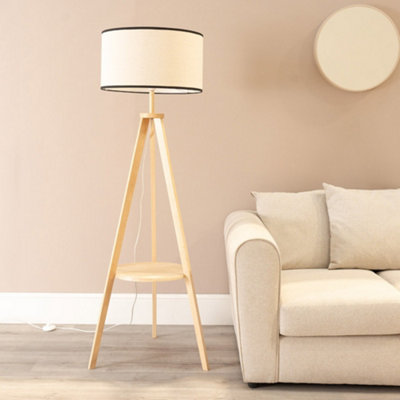 B&Q -  Morrigan Natural Wood Shelf Tripod Floor Lamp With Black Trim Shade