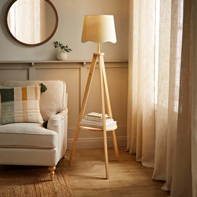 B&Q -  Morrigan Natural Wood Shelf Tripod Floor Lamp With White Trim Scallop Shade