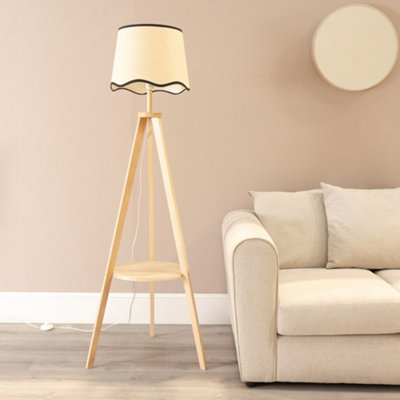 Valuelights Morrigan Natural Wood Shelf Tripod Floor Lamp With Trim Scallop Shade Black