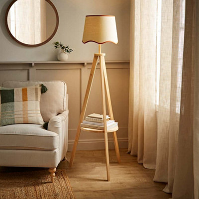B&Q -  Morrigan Natural Wood Shelf Tripod Floor Lamp With Rust Trim Scallop Shade