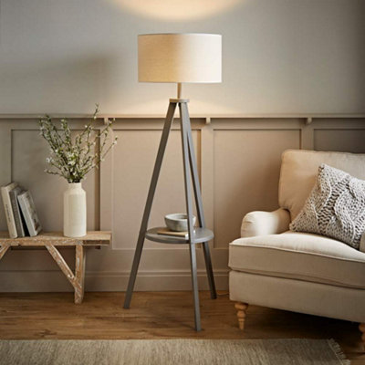 B&Q -  Morrigan Grey Wood Shelf Tripod Floor Lamp With White Trim Shade