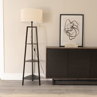 B&Q -  Hiru Black 3 Tier Shelf Floor Lamp With White Trim Linen Shade