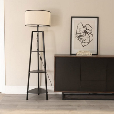 B&Q -  Hiru Black 3 Tier Shelf Floor Lamp With Black Trim Linen Shade