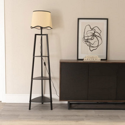 Valuelights Hiru 3 Tier Shelved Wooden Floor Lamp With Linen Trim Scallop Tapered Shade Black