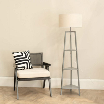 B&Q -  Hiru Grey 3 Tier Shelf Floor Lamp With White Trim Linen Shade