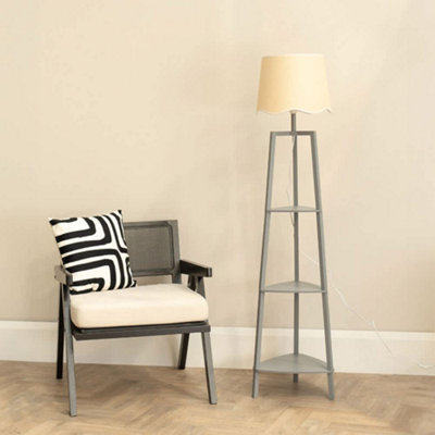 B&Q -  Hiru Grey 3 Tier Shelf Floor Lamp With White Trim Scallop Shade
