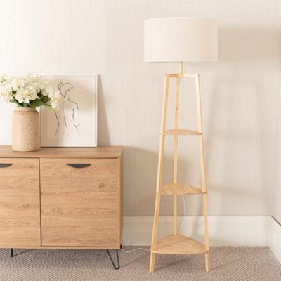 B&Q -  Hiru Natural 3 Tier Shelf Floor Lamp With White Trim Linen Shade