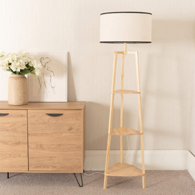 B&Q -  Hiru Natural 3 Tier Shelf Floor Lamp With Black Trim Linen Shade