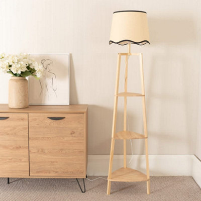 B&Q -  Hiru Natural 3 Tier Shelf Floor Lamp With Black Trim Scallop Shade