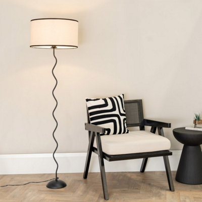 Valuelights Black Wiggle Metal Single Stem Floor Lamp With Linen Trim Drum Shade