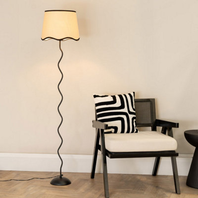 B&Q -  Wiggle Black Metal Single Stem Floor Lamp With Linen Scallop Black Trim Tapered Shade