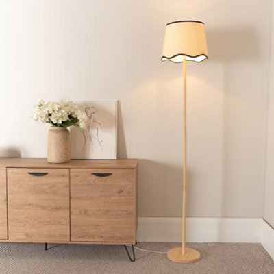 Valuelights Heather Light Wood Single Stem Floor Lamp With Scallop Black Trim Tapered Shade from B&Q