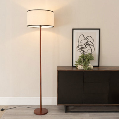 B&Q -  Heather Dark Wood Single Stem Floor Lamp With Natural Black Trim Fabric Drum Shade