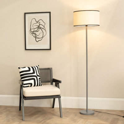 Valuelights Grey/Black Heather Wood Single Stem Floor Lamp With Natural Trim Fabric Drum Shade 1.8M