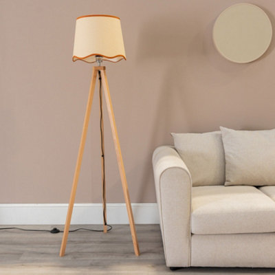 Valuelights Barbro Wood Tripod Floor Lamp With Natural Linen Scallop Rust Edge Shade Light